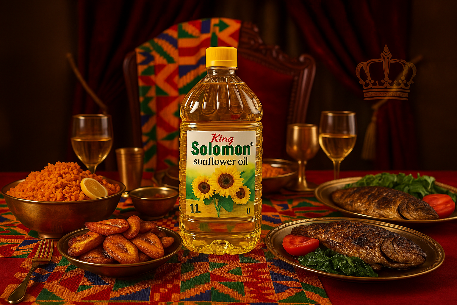 King Solomon Sunflower Oil with traditional African feast and colorful kente cloth