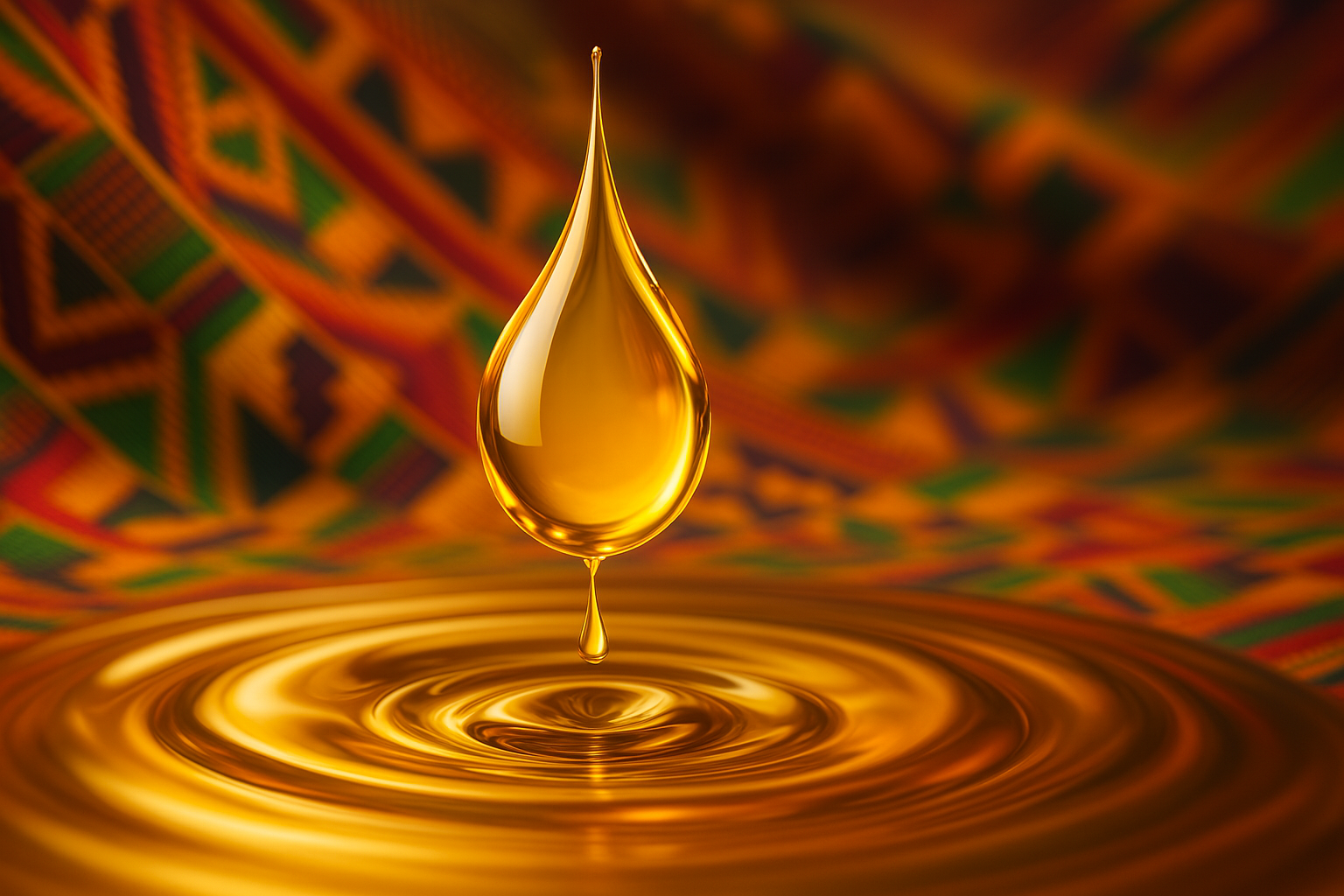 Golden oil drop with African kente cloth background