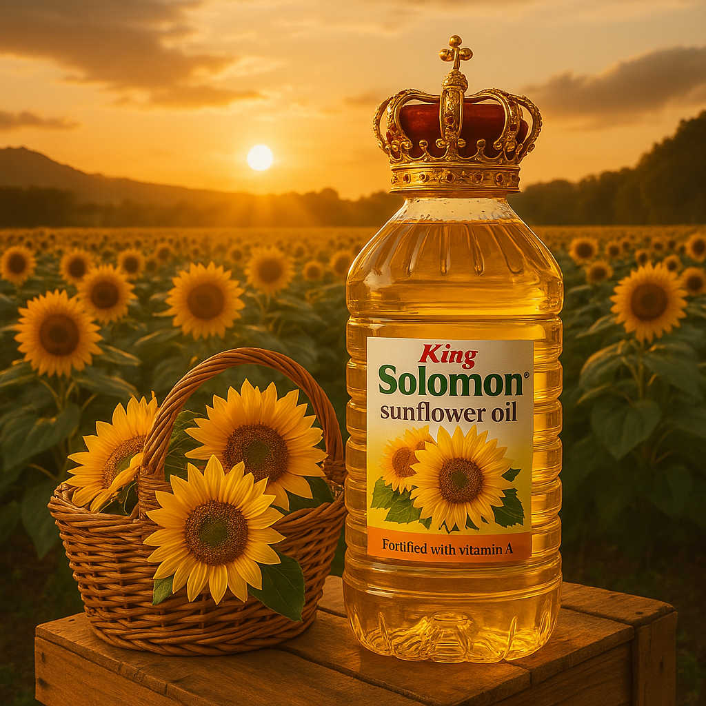King Solomon Sunflower Oil bottle with crown in a sunflower field at sunset